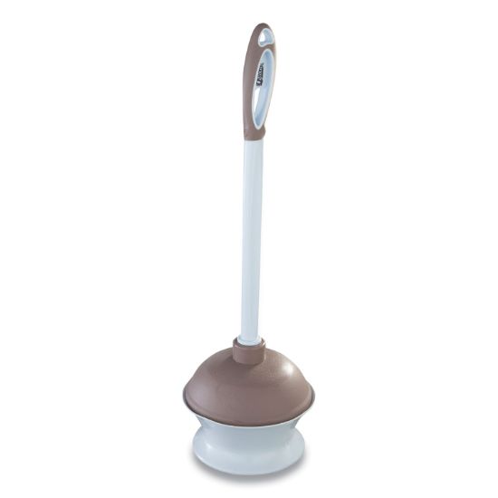 Picture of Plastic Toilet Plunger and Caddy with Microban, 16" Plastic Handle, 6.5" dia, White/Taupe